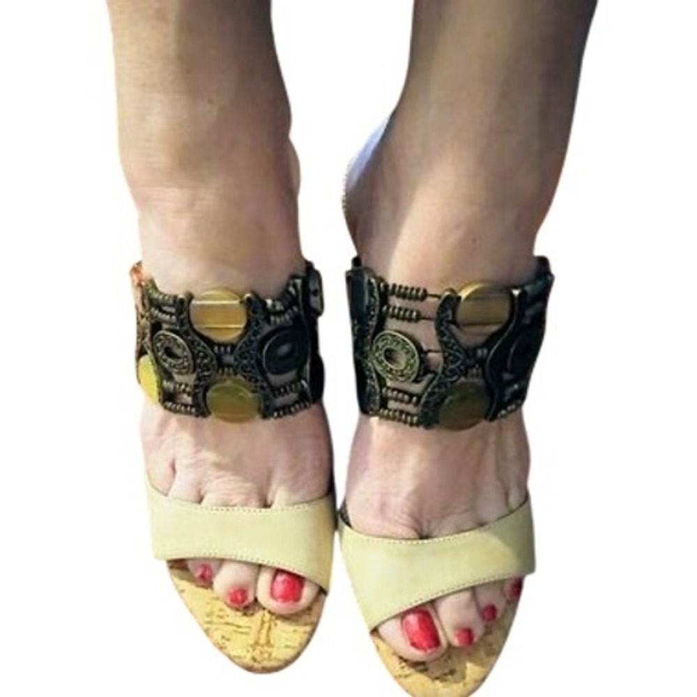 Unisa Womens10M Cream Leather Ornate Stone Cuff Cork Wedge Sandal Made in Brazil